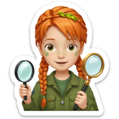braid orange haired girl kid in moss green explorer outfit, holding magnifying glass, smile sticker