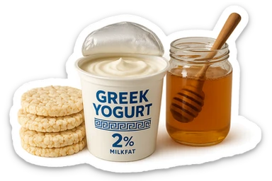 Yogurt Greco 2%
Miele
Gallette di Riso
vista frontale, iperrealistico 4k sticker