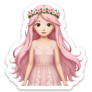 pastel anime woman with pink and white lace dress full body and long hair with flower crown sticker