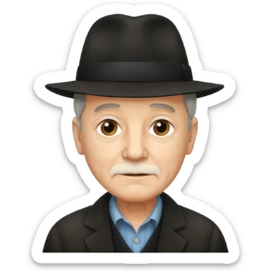 A light-skinned old man with short dark hair, and a black fedora, with an oval face and calm look. sticker