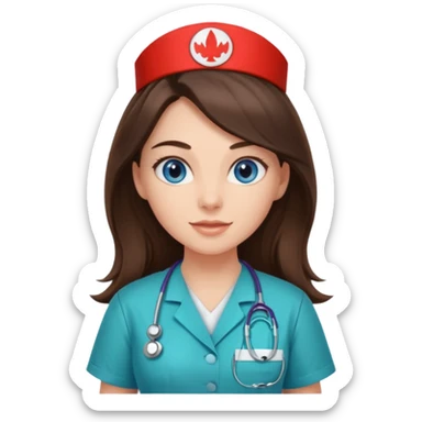 pretty brunette nurse with long hair and blue eyes in dinosaur scrubs sticker
