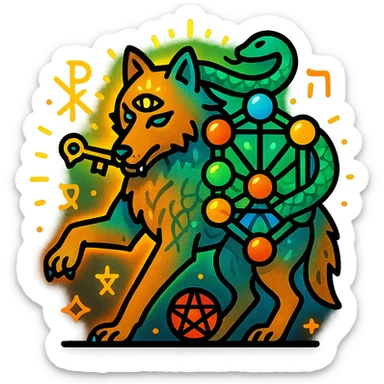 logo icon for the song 'الذيب المترنح' featuring a staggering wolf in an unsteady pose leaning to one side, holding a small key in its mouth, serpent coiled around it symbolizing Gnosticism, subtle integration of the Tree of Life from Kabbalah in the background or as part of the wolf's body, third eye on the wolf's forehead for Hermetic philosophy, small pentagram near the wolf's feet for occult science, vibrant shiny striking colors gold silver bright blue green red orange with high contrast and glowing effects, luminous aura surrounding the wolf, subtle Hebrew letters and occult symbols for depth, clean precise lines, balanced composition, scalable vector icon, compatible with light and dark backgrounds sticker