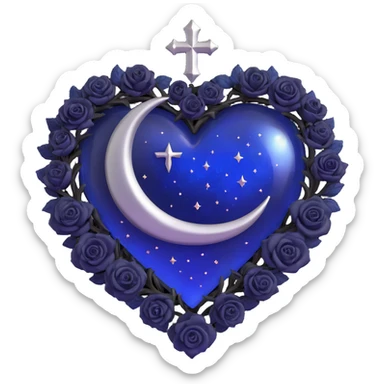 gothic heart made of midnight blue glass with silver crescent moon, tiny black roses, shimmering stardust, swirling galaxy background, rain-soaked look, glowing rune pattern sticker