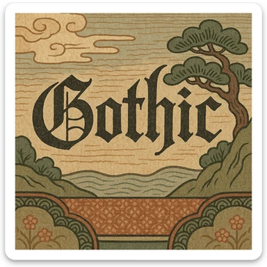the word 'Gothic' in ornate gothic calligraphy, ukiyo-e style sticker