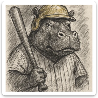 hippo holding a baseball bat, wearing a yellow helmet, pinstripes outfit sticker