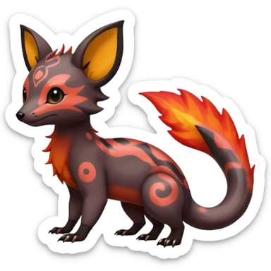 Rare tropical warm-colored exotic cute epic aesthetic colorful Salandit-Eevee-Civet-species-Fakemon-hybrid-creature, with wild fiery markings, full body sticker