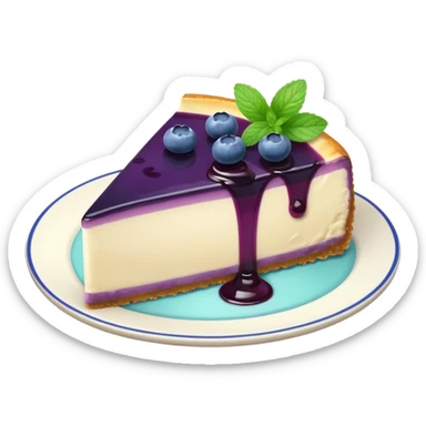 Blueberry Cheesecake with syrup and mint leaf sticker