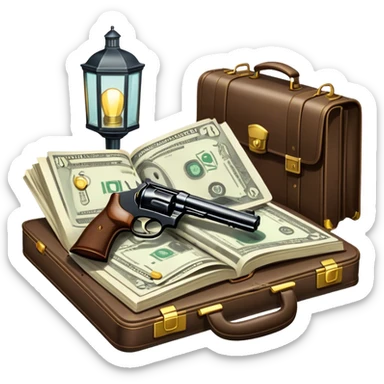 Icon for Action & Crime Reading: an open book with dramatic crime scenes—bullet holes on pages, a detective badge, a revolver, and a getaway car. Surrounding elements include a briefcase with cash and a flickering streetlight. Transparent background. sticker