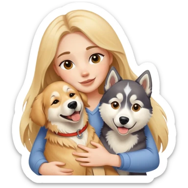 A white girl happily hugs a golden retriever and a husky sticker