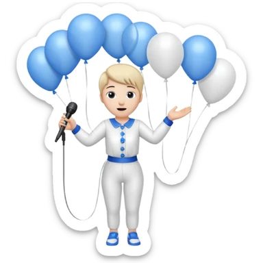 Stud singing 1,2,3 release em with white and blue balloons flying overhead emoji like with mic in hand  sticker