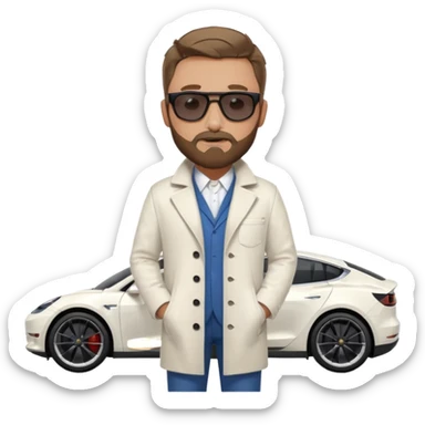 White tesla model 3 with one cool physician with dark blond hair, beard and dark sunglasses next to it sticker