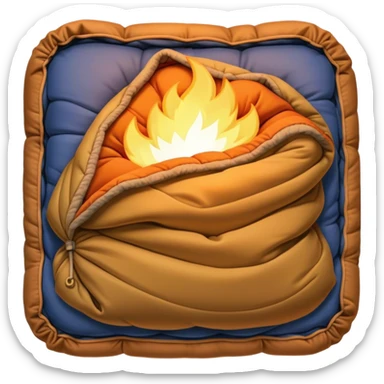 Cinematic Realistic Sleeping Bag, plush and slightly wrinkled, rich fabric texture catching the firelight, glowing with warmth and inviting coziness, nestled within a peaceful campsite. sticker