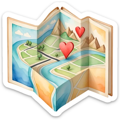Folded map icon with subtle paths drawn – symbolic exploration of love and attraction, showing relationship journeys sticker