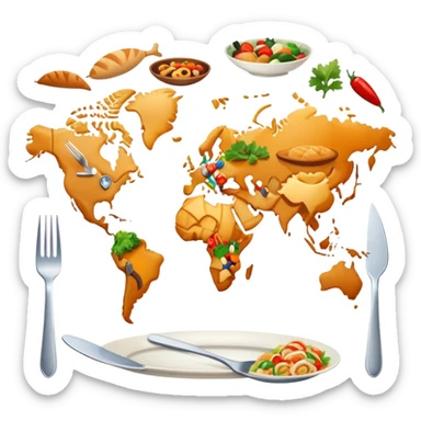 Icon for Culinary Tourism: a world map with food elements like a fork, knife, and dish, surrounded by iconic dishes from various countries. The icon should represent the exploration of global cuisines and travel experiences. Transparent background. sticker