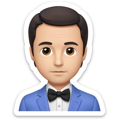 Freddie Prinze Jr with dark brown hair, periwinkle suit with bow tie sticker