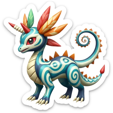 zig-zag-patterned clownish colorful exotic fruity tribal tropical hot swirl-marked Meloetta-Dialga-Salamence-Giratina-Noivern-Pokémon-Fakémon-fusion-hybrid-creature sticker