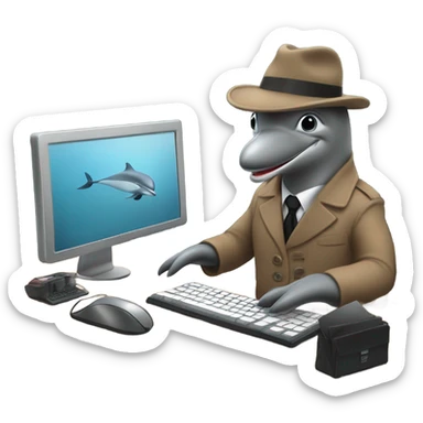 Dophin but a spy wearing a coat and a hat in brown and in a office typing on a computer  sticker