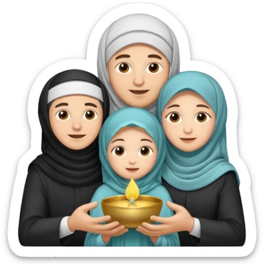 Lebaran. Keluarga terdiri dari Ayah dan ibu, 3 orang anak yang terdiri dari dua anak laki-laki dan seorang anak perempuan yang merupakan anak terkecil. Ibunya menggunakan cadar. sticker