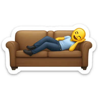 A person lying on a sofa, one leg crossed over the other, with hands behind the head, relaxing in a cozy setting, emoji skin sticker