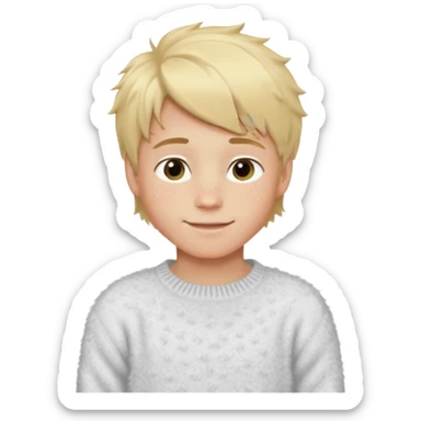 create-a-look-for-a-blond-boy-with-long-tousled-hair-light-eyes-a-white-sweat + fluffy white sweater + styled hair blonde with hair to the side cute + cute face with freckles  medium hair fluffy to the side no long hair cute hair blonded no messy medium height blue eyes sticker
