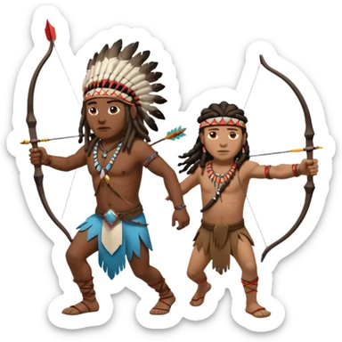 Black American man dark brown with dreads with a American Indian headdress shooting a bow and arrow at a native Indian while they run sticker
