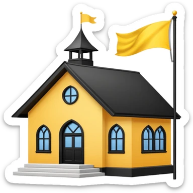 white background, magic school, black roof, with a big flag, big flag on a roof, big yellow flag, white school sticker