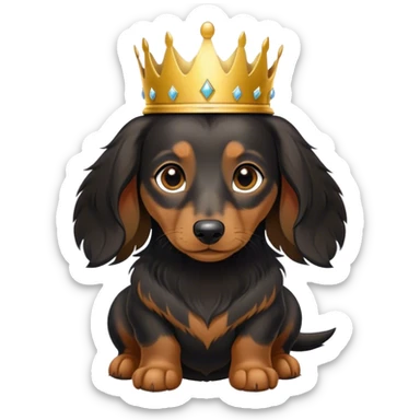 mini long haired dachshund with black fur and light brown ears with a gold crown sticker