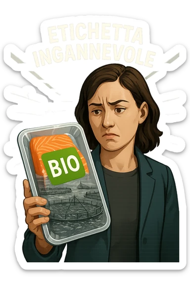 Scena in un supermercato moderno: uomo o donna tiene in mano una confezione di salmone etichettata 'BIO', con un grande bollino verde. Ma in trasparenza, dietro l’etichetta, si intravede un allevamento intensivo di salmoni in gabbie marine, acqua torbida e pesci ammassati. Espressione del cliente confusa e sospettosa. Sopra la testa, testo simbolico fluttuante: 'Etichetta ingannevole'. Colori contrastanti: confezione brillante ma realtà di fondo grigia e artificiale. Stile realistico con elementi simbolici forti realistico sticker