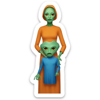 A reptilian alien woman in orange dress and human man in blue dress sticker