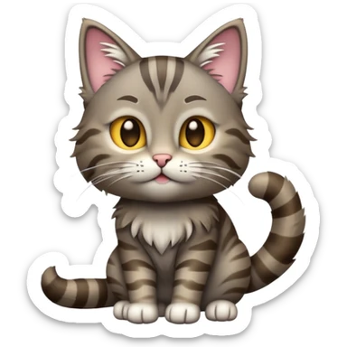 cinematic-[grey brown tabby cat]-realistic-emoji,-tail-curled-playfully-around-its-paws,-head-tilted-dramatically,-scruffy-[grey]-fur,-simplified-yet-realistic-focused-features,-highly-detailed,-glowing-with-an-almost-sarcastic-glow sticker