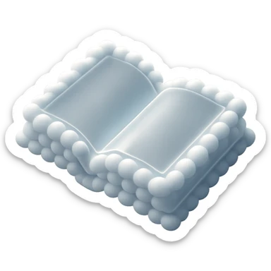 top view of a thick open book made entirely of small, very bright white fluffy convex clouds, matte glass style sticker