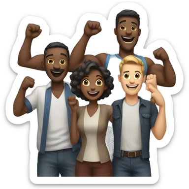 3 friends celebrating, 2 men and 1 woman, some of them with their arms raised sticker