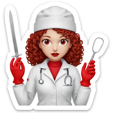 Scary woman scalpel in hand, evil surgeon sexy surgeon clothes.  She has red eyes. Her  brown long curly hair. Wears sexy doctor outfit with red gloves. make her wear red ski mask  to hide. Wears white surgeon jcketneb sticker