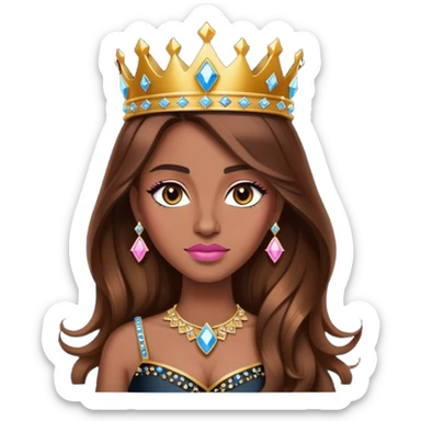 Queen, brown long hair, golden crown encrusted with pink and blue diamonds, black dress sticker