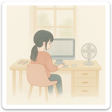 Add three pens on the notebook on the desk. Maintain the soft watercolor illustration style with pastel colors, delicate linework, a gentle, whimsical mood, anime-inspired features, and minimal, soft shading. sticker