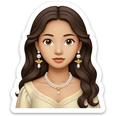 Tan Filipino woman with dark brown eyes and long dark wavy hair parted in the middle wearing a traditional filipiniana and white pearl stud earrings and no other jewelry sticker