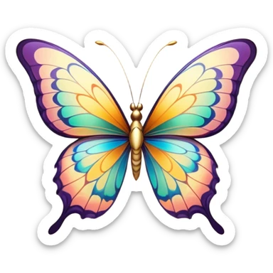 Cinematic Elegant Butterfly Portrait Emoji, Poised and ethereal, with delicate, intricately patterned wings in a kaleidoscope of soft, vibrant colors, a slender, graceful body, and gentle, observant eyes, Simplified yet exquisitely delicate features, highly detailed, glowing with a soft, radiant luminescence, high shine, intelligent and enchanting, stylized with an air of whimsical floral elegance, focused and poised, soft glowing outline, capturing the essence of a watchful butterfly that appears ready to flutter out of the screen with magical grace! sticker