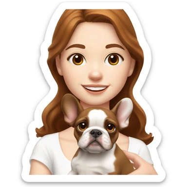 pale white skinned girl with medium chestnut wavy hair holding a brown and white french bulldog puppy  sticker
