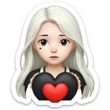 A girl with long white hair is sad and holds a black heart in her hands sticker