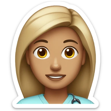 woman with tan skin, dark brown hair, dark brown eyes, wearing light blue scrubs & a stethoscope around her neck sticker