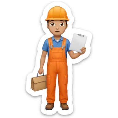 railway engineer full body in orange overalls, carrying a piece of paper in front of him sticker