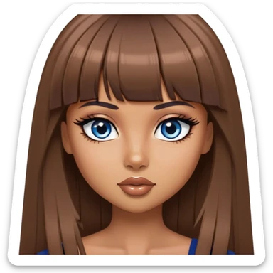 , tan skin, bangs long straight brown hair, dark blue eyes, black eyeliner, pretty bratz baddie sticker