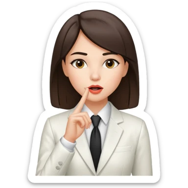 brunette girl wearing a white suit, with straight hair, making a "be quiet" gesture sticker