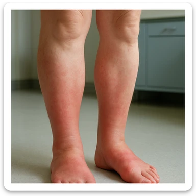 Hyperrealistic human legs in the phase of disinflamation, skin with redness and swelling decreasing, areas gradually transitioning from red to normal, clinical atmosphere, natural light, 4K details. Variant 1, slight improvement. sticker