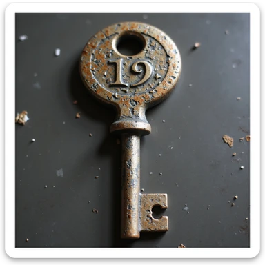 90s vintage key in grunge style, damaged metal, worn engravings, isolated on white background, hyperrealistic, 4K, variant 2 sticker