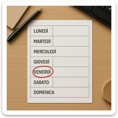 weekly calendar sheet in Italian, days from Monday to Sunday, Friday circled in red, top view, realistic style, 4K details, desk environment sticker