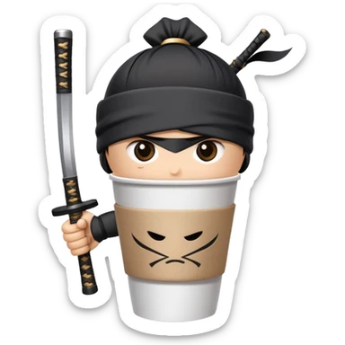 A paper coffee cup with arms and eyes, wearing a black ninja headband and wielding a samurai katana sticker