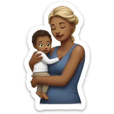 A tired mom holding a baby and a toddler sticker