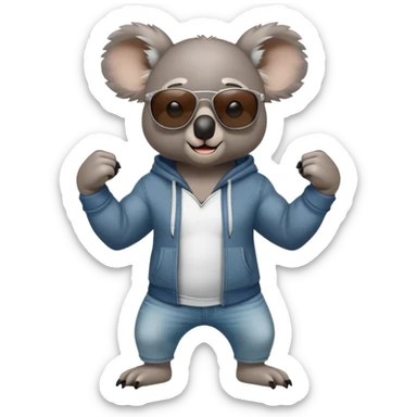anthropomorphised koala, full body, wearing a hoodie and jeans, dark sunglasses, flexing muscles in a different pose sticker