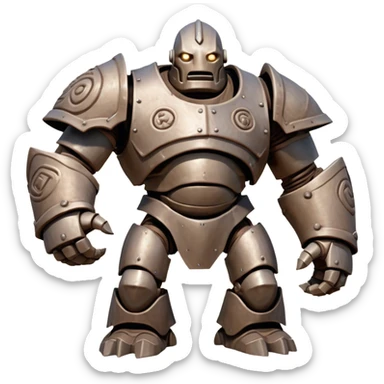 Cinematic Comical Mighty Iron Golem Portrait Emoji Head tilted dramatically with an exaggeratedly amused expression, featuring a bulky, armored form with a slightly lopsided stance, ancient runes flickering erratically, and one massive, jointed hand raised in a slow, deliberate wave. Wide, expressive glowing eyes give it an almost humorous, puzzled look, as if it’s contemplating something far beyond mortal understanding. Rendered with detailed metallic textures and deep, dynamic lighting, high shine, dramatic yet whimsical, styled with a hint of unexpected charm, soft glowing outline, capturing the essence of an endearing yet colossal guardian that looks ready to crack an impossibly slow, earth-shaking joke! sticker